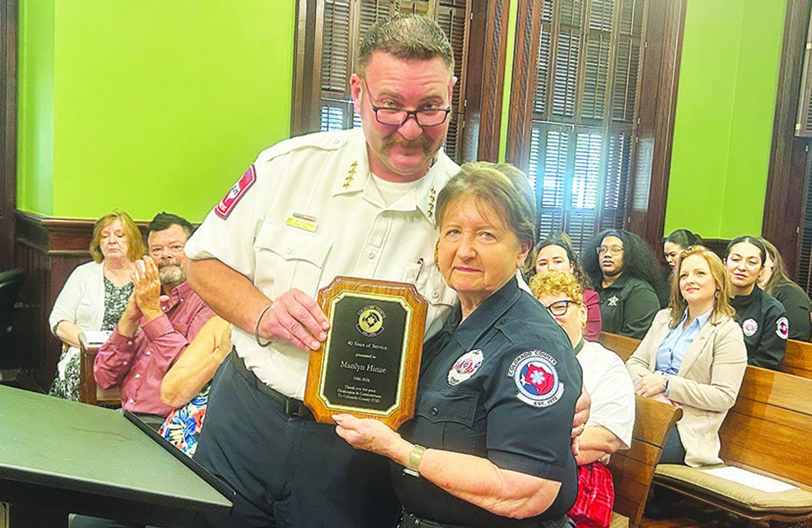 EMT Marilyn Hinze honored by Colorado County Commissioners Court for 40 years service